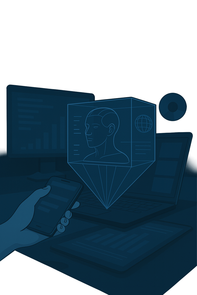 Ilustración de computación holográfica mostrando dispositivos móviles y computadoras con proyección 3D interactiva.