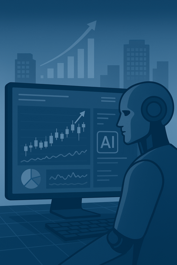 Ilustración de algoritmos de IA analizando gráficos financieros en la bolsa de valores, mostrando tendencias y predicciones.