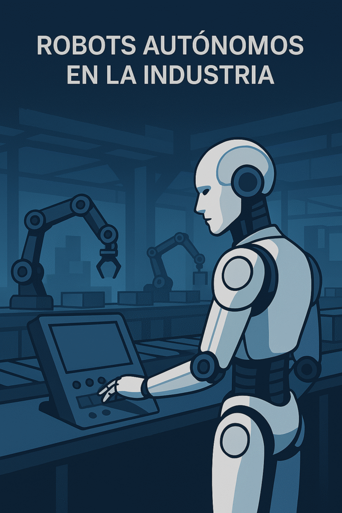Ilustración de robots autónomos trabajando en entornos industriales de construcción, manufactura y logística, con tecnología avanzada y un diseño futurista.